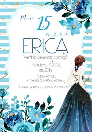 Convite de 15 anos Azul e Dourado com Flores para Editar
