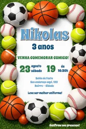 Convite de Aniversário Esportes Colorido para Editar