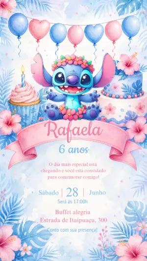 Convite de Aniversário Stitch Tropical Aquarela para Editar