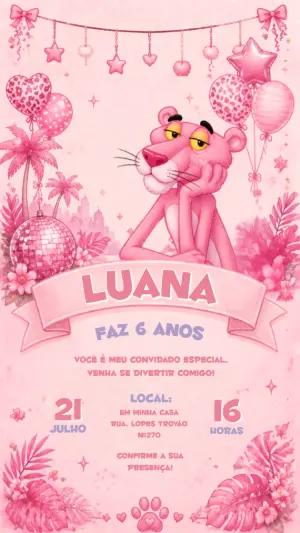Convite de Aniversário Pantera Cor-de-Rosa | Modelo Editável