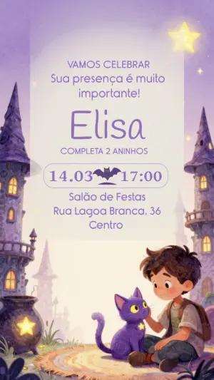 Convite de Aniversário Mágico com Bruxinho e Gato Editável