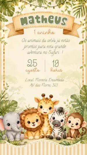Convite de Aniversário Safari Baby Aquarela para Editar