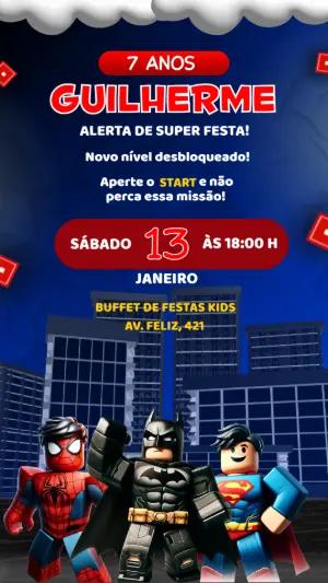 Vídeo Convite de Aniversário Roblox Heróis Gamer Editável