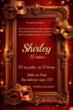 Convite de 15 Anos Baile de Máscaras Vermelho e Dourado Editável