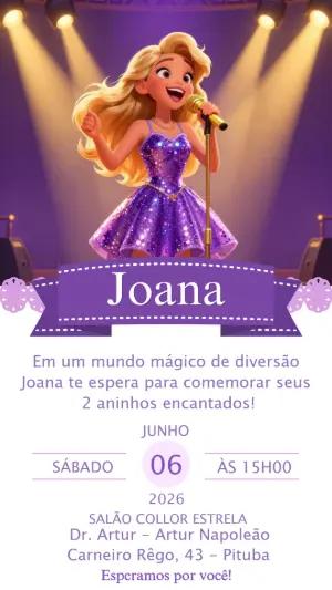 Convite Aniversário Infantil Cantora Pop Roxo Editável
