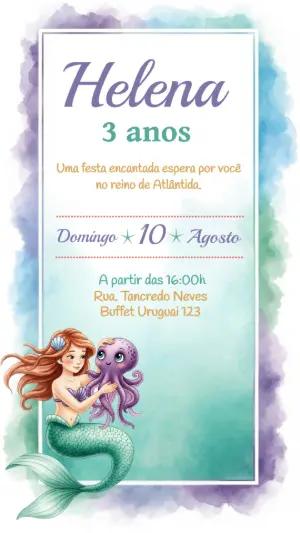 Convite Aniversário Pequena Sereia Aquarela para Editar