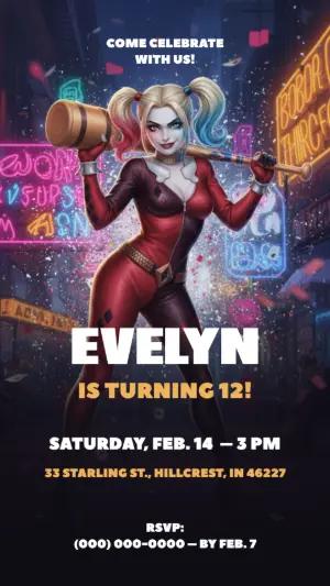 Harley Quinn Birthday Party Invitation Editable Template