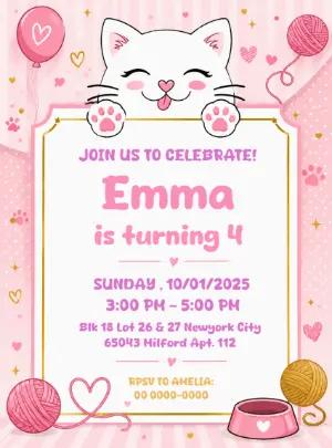 Editable Little Cat Birthday Invitation Template