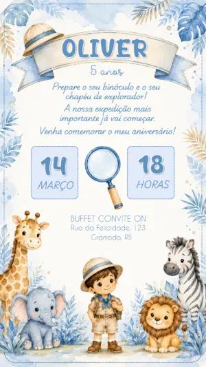 Convite Aniversário Safari Explorador Aquarela Editável