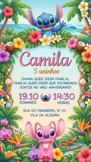 Convite de Aniversário Stitch e Angel Tropical Editável