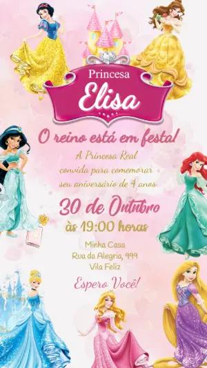 Convite de Aniversário Princesas Disney Rosa Modelo Editável