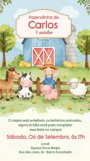 Convite de Aniversário Fazendinha com Animais para Editar Online