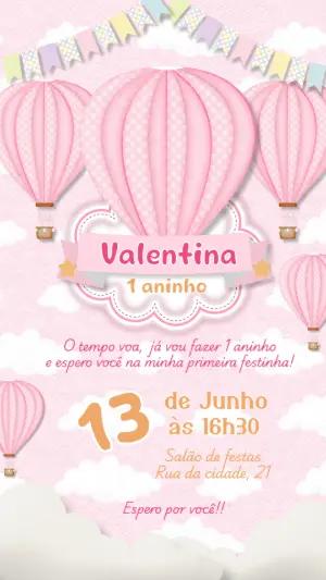 Convite de Aniversário Balão Rosa para Editar Online