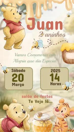 Convite de Aniversário Ursinho Pooh Aquarela para Editar