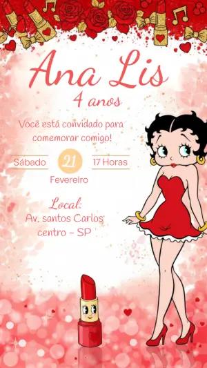 Convite de Aniversário Betty Boop Vermelho e Dourado Editável