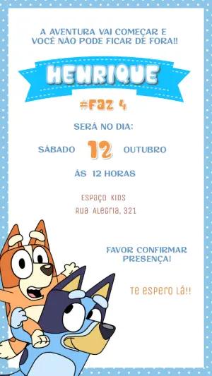 Convite de Aniversário Infantil Tema Bluey e Bingo Editável