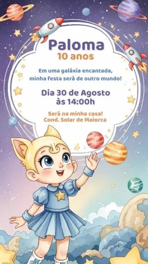 Convite Aniversário Menina Galáxia para Editar Online