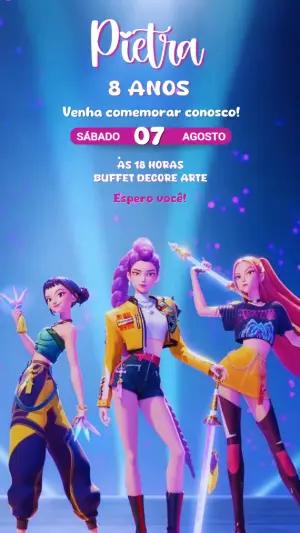 Convite Animado Aniversário Guerreiras K-pop para Editar Online
