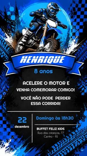 Convite de Aniversário Motocross Azul | Modelo Digital Editável