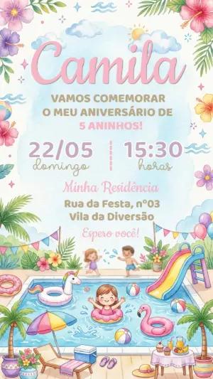 Convite Aniversário Festa na Piscina Aquarela para Editar