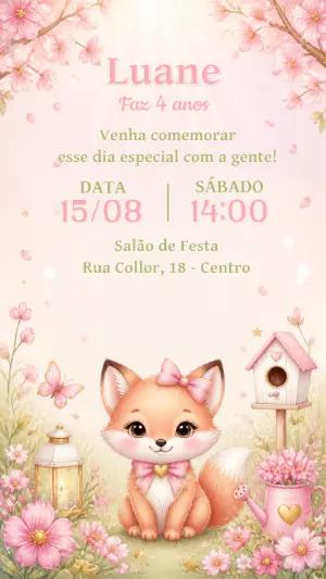 Convite Aniversário Raposinha Menina Editável Aquarela