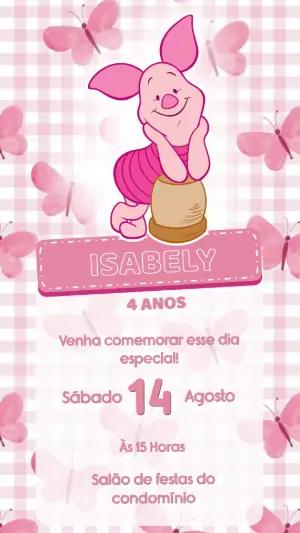 Convite de Aniversário Leitão Rosa com Borboletas Editável
