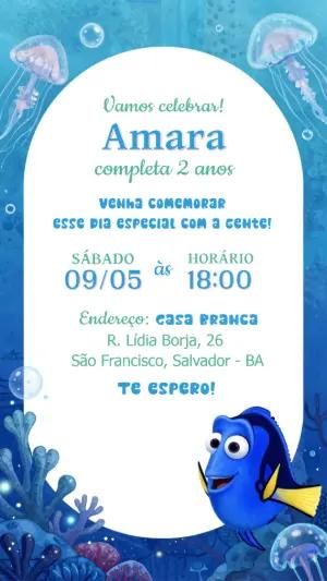 Convite de Aniversário Fundo do Mar com Peixinho Azul Editável