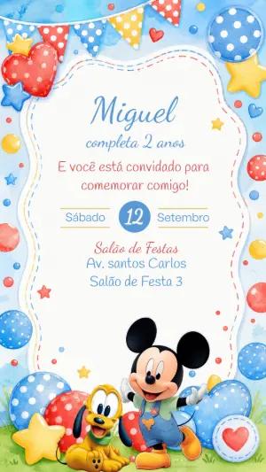 Convite de Aniversário Mickey e Amigos Aquarela para Editar