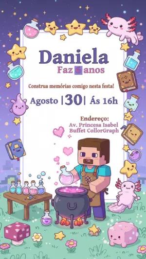 Convite de Aniversário Minecraft Kawaii com Axolote para Editar