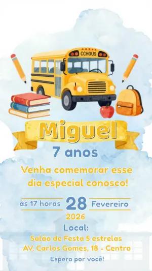 Convite Digital Infantil Tema Escolar com Ônibus Editável