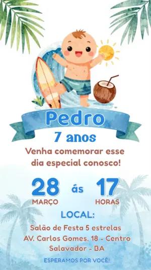 Convite Digital Aniversário Menino Tema Praia Editável