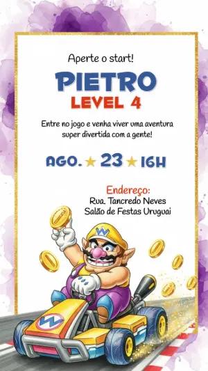 Convite Aniversário Wario Kart Editável Online para Enviar