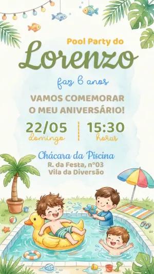Convite de Aniversário Pool Party Menino Aquarela Editável