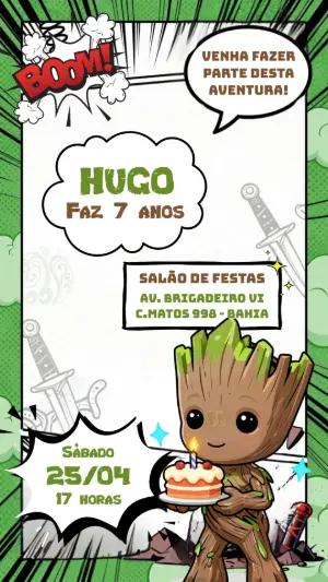 Convite de Aniversário Herói Groot Estilo Quadrinhos Editável