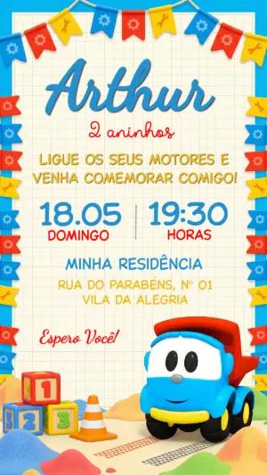 Convite de Aniversário Infantil Tema Caminhão Azul Editável