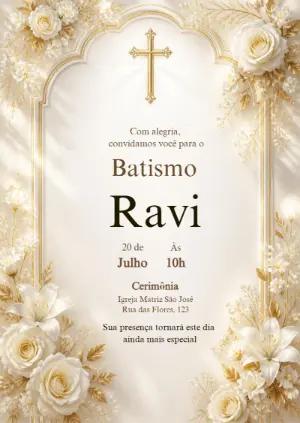 Convite de Batismo Clássico Dourado e Branco Editável