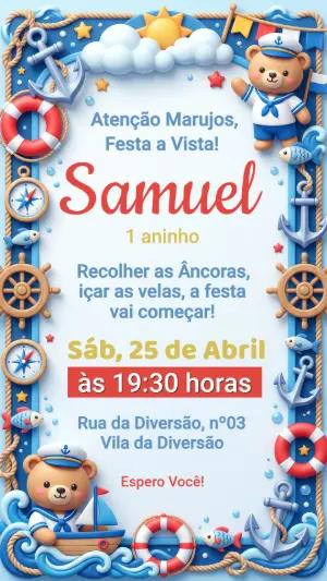 Convite de Aniversário Ursinho Marinheiro Editável