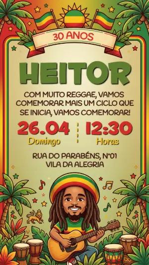 Convite de Aniversário Reggae Editável Estilo Bob Marley