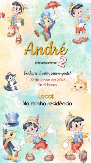 Convite Animado Aniversário Pinóquio Aquarela para Editar