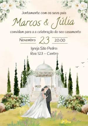 Convite de Casamento Verde e Branco Ilustrado para Editar