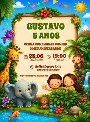 Convite de Aniversário Infantil Selva Fofa Editável