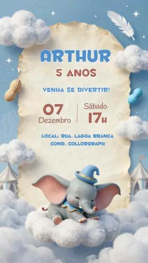 Convite Digital Aniversário Dumbo nas Nuvens para Editar