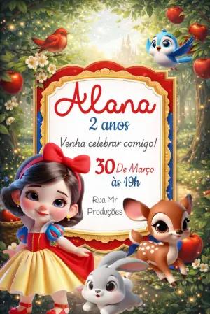 Convite de Aniversário Branca de Neve Fofo Editável