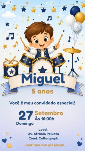 Convite de Aniversário Baterista Infantil para Editar