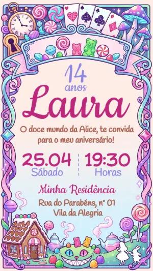 Convite Alice no País dos Doces Editável para Aniversário