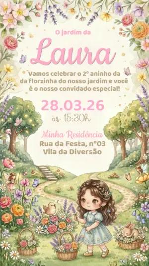 Convite Aniversário Jardim Encantado Aquarela Editável