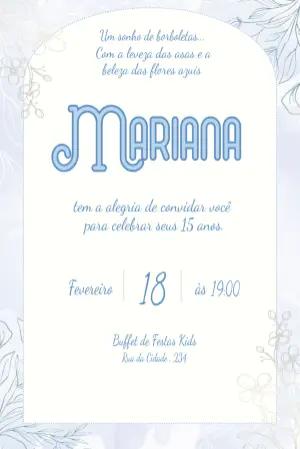 Convite de 15 Anos Flores Azuis e Borboletas Editável