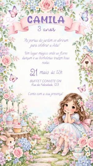 Convite de Aniversário Jardim Encantado Lilás Modelo Editável