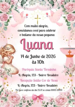 Convite de Batismo Anjinha Rosa Floral para Editar Online