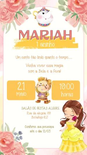 Convite de Aniversário A Bela e a Fera Aquarela Editável